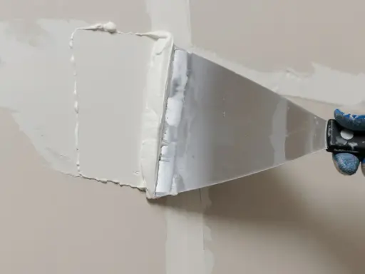 Ręka w rękawicy nakłada masę do łączenia płyt gk na ścianę za pomocą szpachli.
