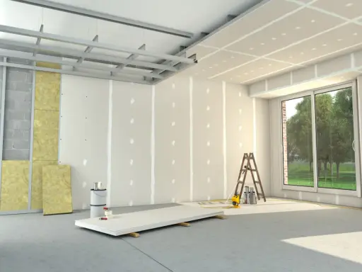 Budowa wnętrza: stelaż drewniany pod gk, płyty gipsowo-kartonowe, wełna mineralna, drabina i materiały budowlane.