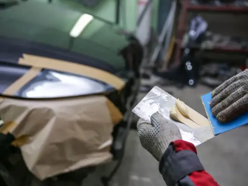 Ręce w rękawiczkach nakładają szpachlę elastyczną na pęknięcia karoserii samochodu.