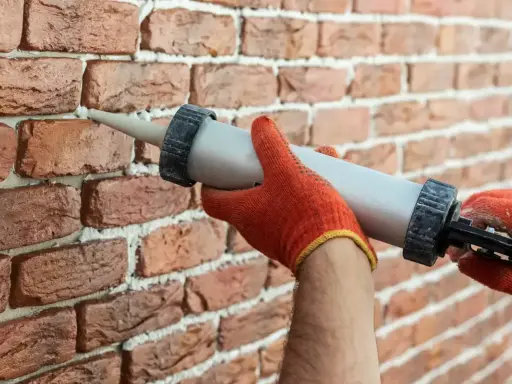 Ręce w pomarańczowych rękawicach używają pistoletu z masą uszczelniającą, by wypełnić ubytki w cegle.