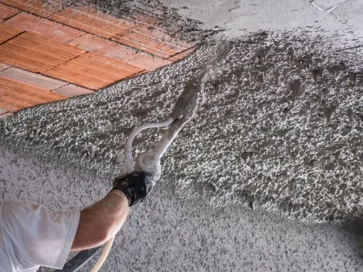 Nakładanie tynku cementowo-wapiennego agregatem. Ciekawi Cię, ile schnie tynk cementowo wapienny? To zależy od wielu czynników.