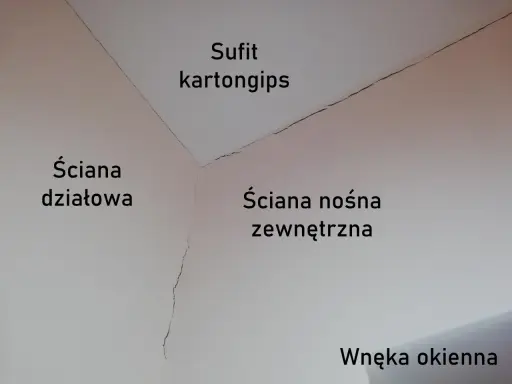 Widoczne pęknięcia na suficie karton-gips i ścianach. Warto zastosować siatkę na pęknięcia, by je naprawić.