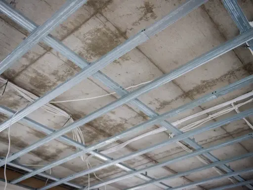 Szkielet sufitu podwieszanego podwójnego z widocznymi przewodami elektrycznymi.