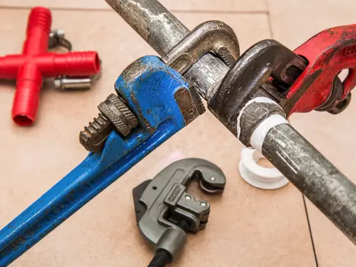 Narzędzia hydrauliczne i czerwony trójnik. Zastanawiasz się, czym zakleić dziury po hydrauliku? Taśma teflonowa i klucze nastawne pomogą.