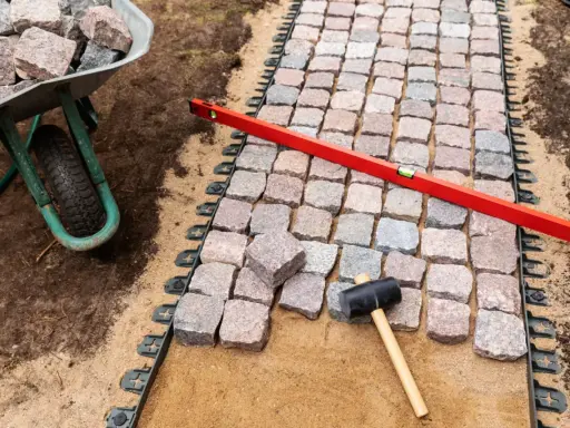 Układanie kostki brukowej z progiem. Wózek z kamieniami, poziomica i gumowy młotek czekają na dokończenie ścieżki.