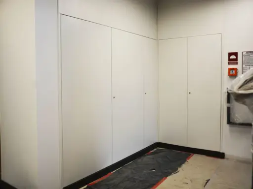 Nowoczesna zabudowa szachtu w bloku, z białymi drzwiami i dyskretnymi uchwytami. Na ścianie widoczny alarm przeciwpożarowy.