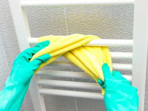 Ręce w zielonych rękawiczkach czyszczą biały grzejnik żółtą ściereczką. Dowiedz się, jak wyczyścić grzejnik z kurzu w środku, aby zapewnić higienę.
