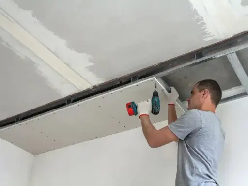 Mężczyzna przykręca płytę kartonowo-gipsową do stelaża sufitowego. Do cięcia karton gips używa się specjalnych narzędzi.