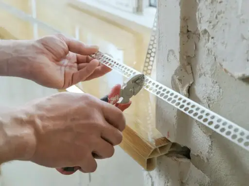 Ręce przycinają narożnikową listwę perforowaną, która posłuży jako wzmocnienie pod gips do narożników.