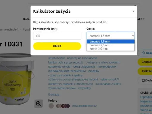 Kalkulator zużycia tynku silikatowego weber TD331. Powierzchnia 130 m², opcja baranek 1,5 mm. Ile tynków na dom 150m2?
