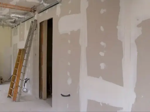 Budowa wnętrza z widocznymi ciekawymi zabudowami z płyt gipsowych, drabiną i instalacjami.