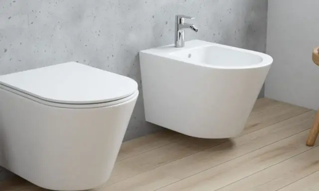 Nowoczesna łazienka z wiszącą miską WC i bidetem. Dowiedz się, bidet co to i jak go używać.