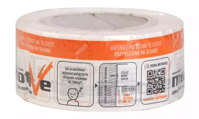 Taśma ślizgowa Motive do połączeń, instrukcja montażu na opakowaniu. Po co taśma ślizgowa? Ułatwia montaż ścianek działowych.