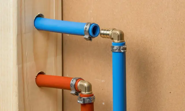 Instalacja hydrauliczna: przejście z tece na pex. Niebieskie i pomarańczowe rury PEX połączone złączkami mosiężnymi.