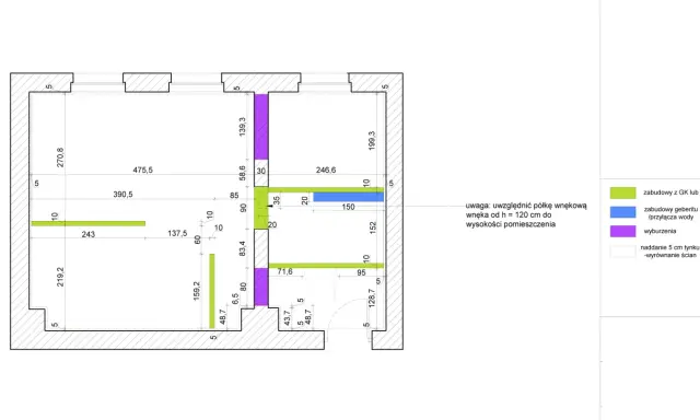 Plan architektoniczny przedstawiający połączenie sufitu podwieszanego ze ścianą, z zaznaczonymi wymiarami i elementami zabudowy.