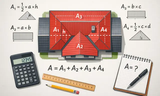 Ilustracja domu z dachem dwuspadowym, wzory matematyczne, kalkulator i przybory kreślarskie.