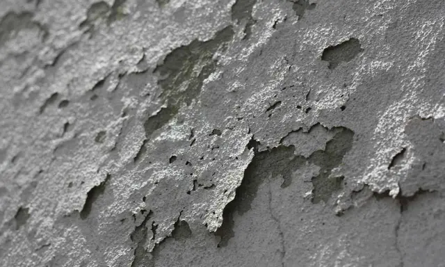 Grzyb na tynku gipsowym tworzy ciekawe, postrzępione wzory, jakby natura malowała na ścianie.