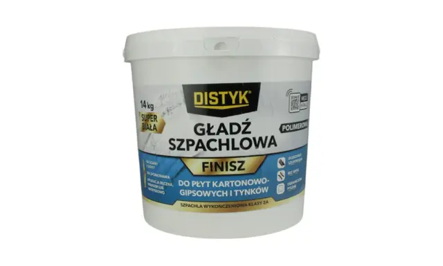 Biała gładź szpachlowa Distyk 14 kg, polimerowa, idealna na ściany i sufity. Szukasz, jaka gładź najlepsza do wykończenia? Ta sprawdzi się świetnie!