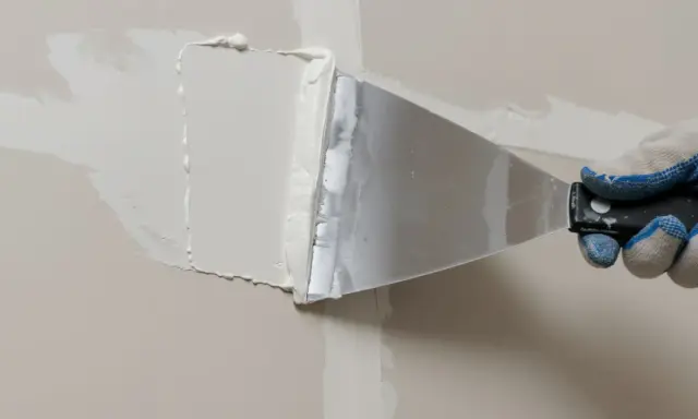 Ręka w rękawicy nakłada masę do łączenia płyt gk na ścianę za pomocą szpachli.