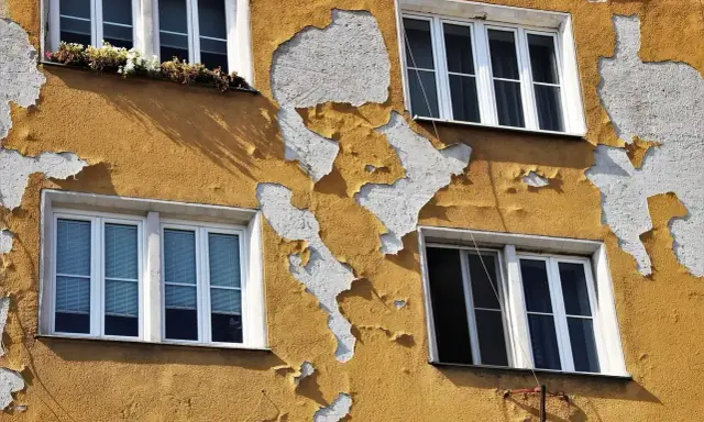 Ściana budynku z żółtym tynkiem baranek, który łuszczy się, odsłaniając biały podkład. Widać cztery okna.