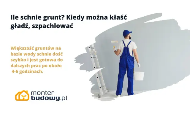 Malowanie po gruntowaniu: większość gruntów wodnych schnie 4-6 godzin. Fachowiec z wałkiem i wiadrem czeka na gotowość ściany.