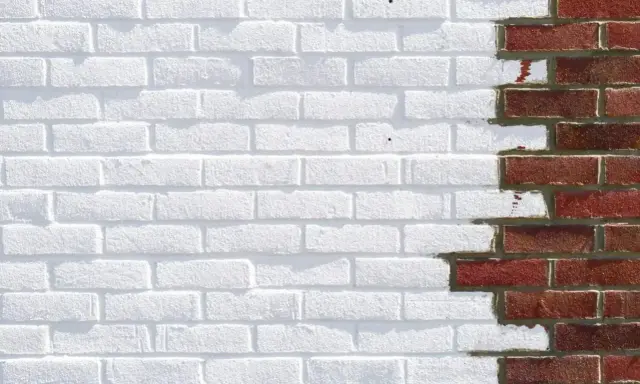 Malowanie kamienia dekoracyjnego. Biała farba pokrywa część ceglanej ściany, tworząc ciekawy kontrast.