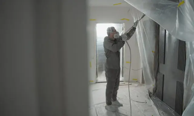 Pracownik w kombinezonie i masce maluje ściany agregatem. Świetny pomysł na ściany bez gładzi, tworząc nowoczesny efekt.