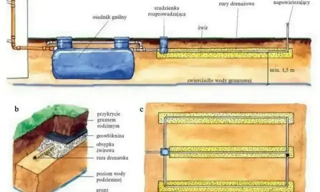 Schemat pokazuje, jak kłaść rurę drenarską wokół osadnika gnilnego. Drenaż zapewnia odprowadzenie wody gruntowej.