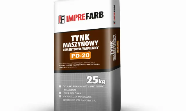 Imprefarb Tynk Maszynowy Cementowo-Wapienny PD-20, 25kg. Idealny do nakładania mechanicznego i ręcznego na podłoża mineralne.