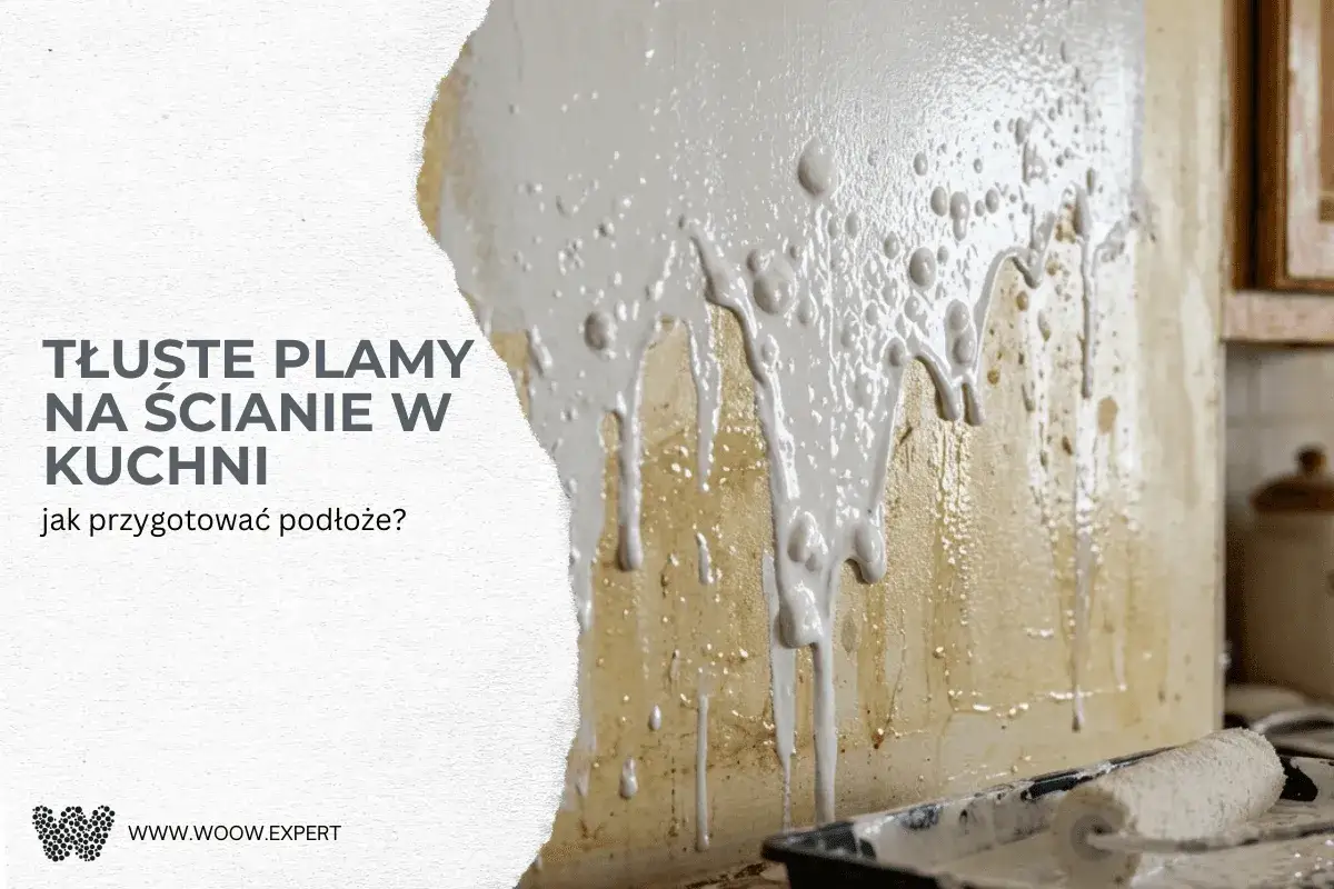 Gruntowanie ściany w kuchni, by ukryć tłuste plamy. Biała farba spływa po żółtej powierzchni.