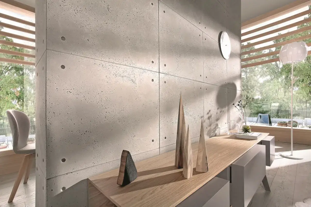 Nowoczesne wnętrze z betonową ścianą, idealną jako tło do aranżacji. Zastanawiasz się, czym wyrównać ściany? Beton architektoniczny to świetny wybór.