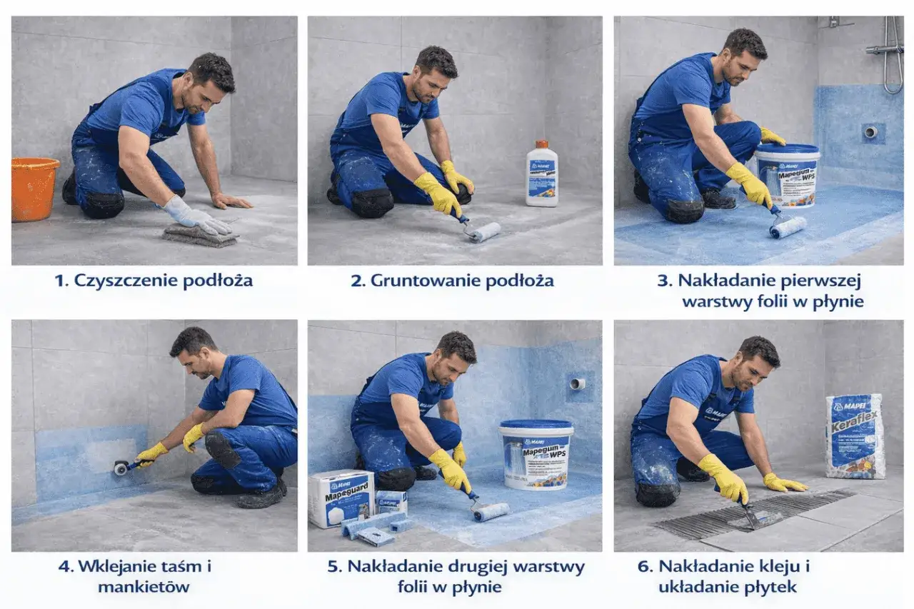 Instrukcja klejenia płyt gipsowych w łazience: czyszczenie, gruntowanie, nakładanie folii w płynie, taśm, kleju i płytek.